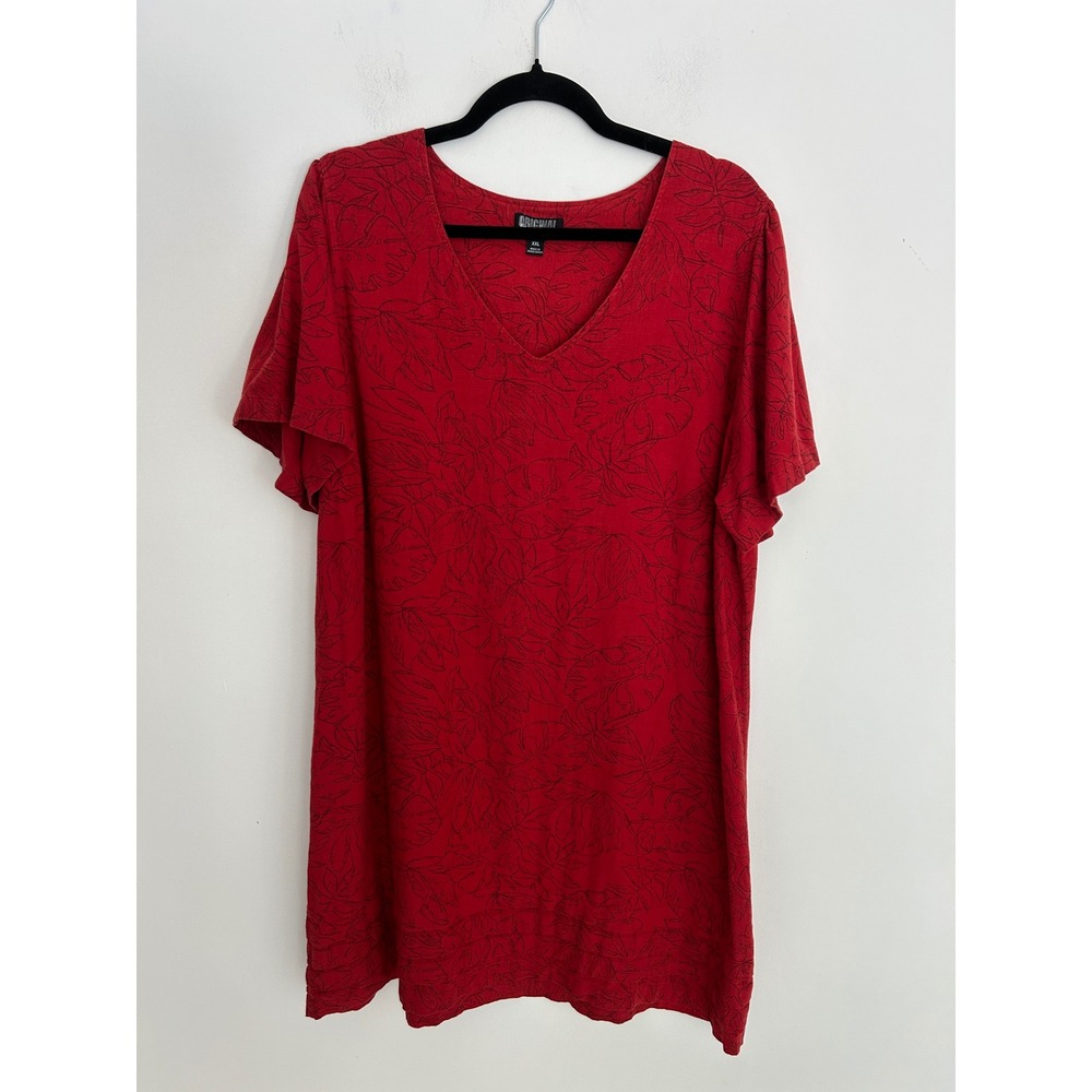 Nicole Miller Original Red Tropical Linen Blend V-Neck Shift Dress XXL‎